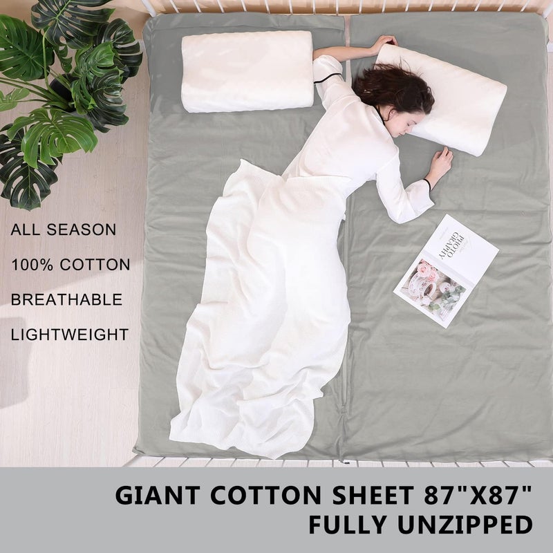 EXERMIL 100% Cotton Sleeping Bag Liner with Full Length Zipper on 3 Sides; Single/Double Adult Sleep Sack for Travel & Camping, Multifunctional Travel Sheets (Unzipped 87”x87”) for Hotel, Lightweight - Image 4